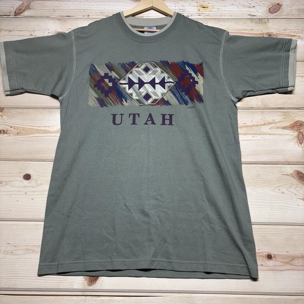 Vintage Utah T Shirt Mens XL Hazelwoods 93 Green Double Collar Tribal Aztec USA
